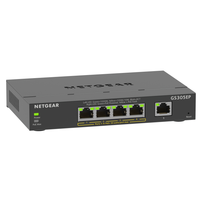 NETGEAR Switch de 5 Puertos Gigabit Ethernet PoE+ Gestionado NETGEAR 5-Port Gigabit Ethernet PoE+ Plus Switch (GS305EP), gestionado L2/L3, 10/100/1000 Mbps, energía sobre Ethernet, SKU: GS305EP-100PES