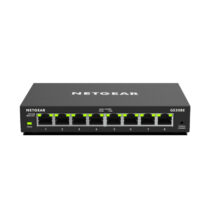 Imagen del NETGEAR GS308E, un switch gestionado Gigabit Ethernet de 8 puertos en color negro, SKU GS308E-100PES