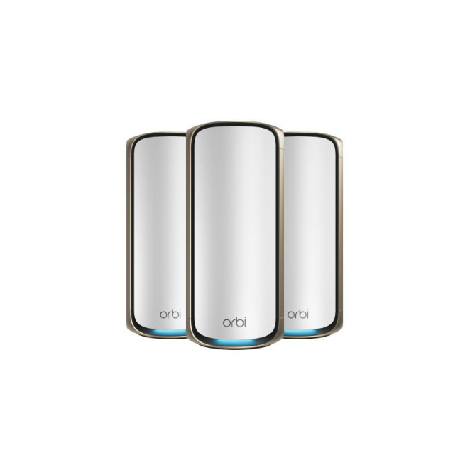 NETGEAR Orbi 970 Series Quad-Band WiFi 7 con Wi-Fi 6 NETGEAR Orbi 970 Series Quad-Band WiFi 7, 3-Pack, con bandas a 2.4 GHz, 5 GHz-1, 5 GHz-2 y 6 GHz, compatible con Wi-Fi 6 (802.11ax), SKU RBE973S-100EUS