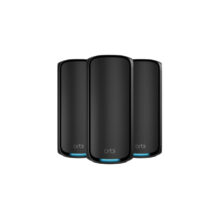Sistema de malla NETGEAR Orbi 970 Series Quad-Band WiFi 7, 3-Pack, con bandas de 2.4 GHz, 5 GHz-1, 5 GHz-2, y 6 GHz, compatible con Wi-Fi 6 (802.11ax), SKU RBE973SB-100EUS, en color negro, para red inalámbrica interna