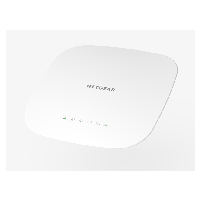 NETGEAR Punto de Acceso Inalámbrico 1733 Mbps con PoE Vista frontal del NETGEAR WAC540, un punto de acceso inalámbrico blanco con velocidad de 1733 Mbps y soporte de Energía sobre Ethernet, SKU WAC540-10000S.