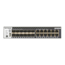 Imagen del NETGEAR M4300-12X12F, un switch gestionado L2/L3 con 12 puertos 10G Ethernet y 12 puertos SFP+ en un chasis 1U negro, SKU XSM4324S-100NES