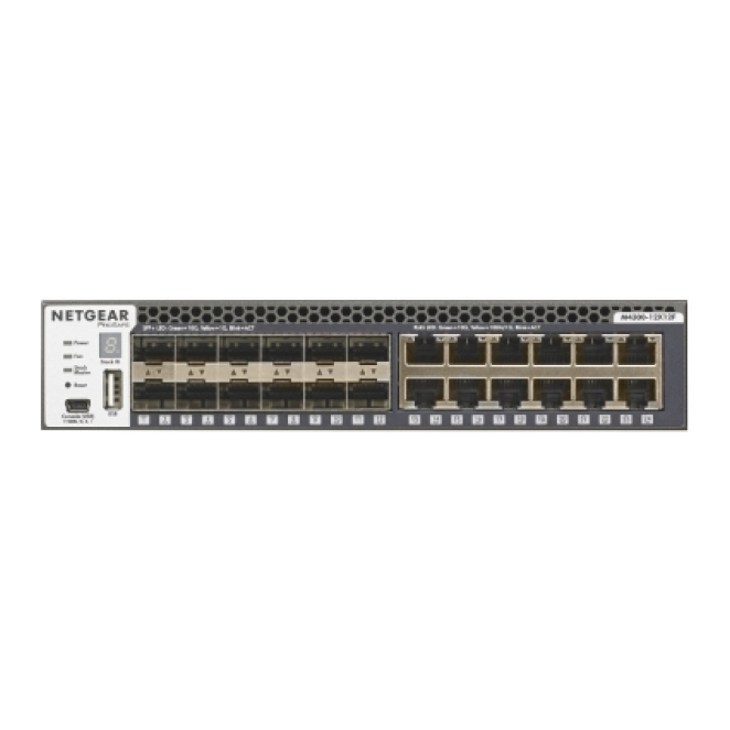 NETGEAR Switch Gestionado L2/L3 10G Ethernet con 24 puertos Imagen del NETGEAR M4300-12X12F, un switch gestionado L2/L3 con 12 puertos 10G Ethernet y 12 puertos SFP+ en un chasis 1U negro, SKU XSM4324S-100NES