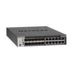 Imagen del NETGEAR M4300-12X12F, un switch gestionado L2/L3 con 12 puertos 10G Ethernet y 12 puertos SFP+ en un chasis 1U negro, SKU XSM4324S-100NES