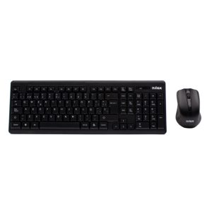 Combo de ratón y teclado wireless marca Nilox, modelo NXKMWE0001, con diseño ergonómico y conexión inalámbrica.