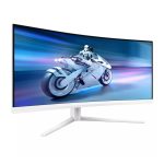 Pantalla Philips Evnia 5000 de 34 pulgadas con resolución 3440 x 1440 píxeles, modelo 34M2C5501A/00, en color blanco.