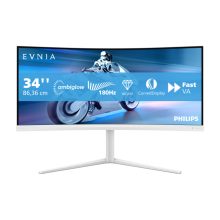 Pantalla Philips Evnia 5000 de 34 pulgadas con resolución 3440 x 1440 píxeles, modelo 34M2C5501A/00, en color blanco.