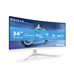 Pantalla Philips Evnia 5000 de 34 pulgadas con resolución 3440 x 1440 píxeles, modelo 34M2C5501A/00, en color blanco.