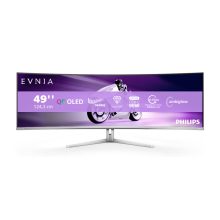 Monitor Philips Evnia 8000 con pantalla QD-OLED de 48.9 pulgadas, resolución 5120 x 1440 píxeles, SKU 49M2C8900L/00, en color blanco