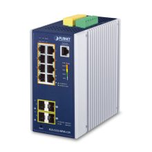 PLANET switch industrial modelo IGS-5225-8P4S-12V con 8 puertos Gigabit Ethernet y soporte para PoE+, chasis de aluminio azul