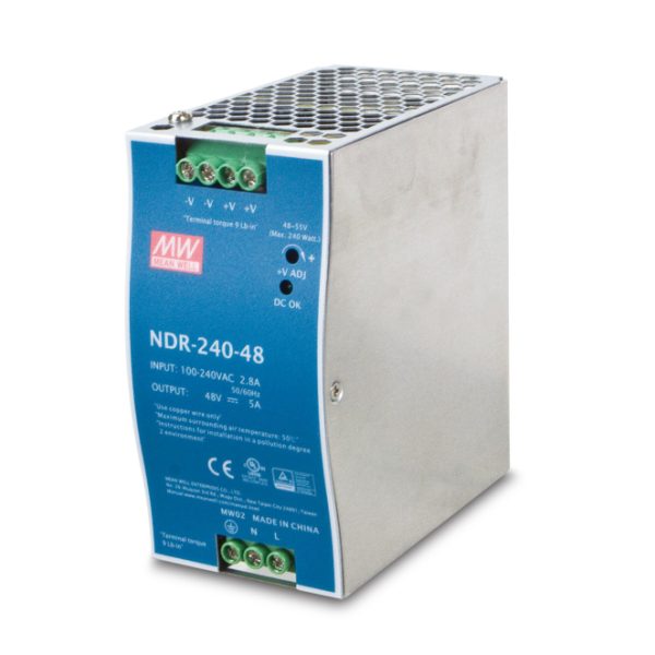 Vista de la unidad de fuente de alimentación PLANET PWR-240-48 de 240 W en color azul y gris, SKU PWR-240-48