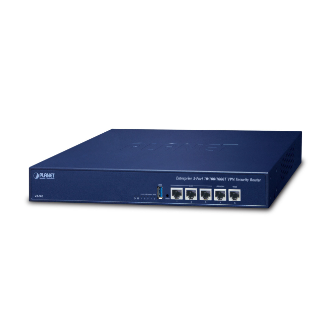 PLANET Enterprise Router 5 Puertos Gigabit Ethernet Azul PLANET Enterprise 5-Port router Gigabit Ethernet azul, modelo VR-300, con cinco puertos de alta velocidad.
