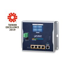 Router industrial PLANET IP30 de montaje en pared, con puerto Gigabit Ethernet, colores azul y gris, SKU WGR-500-4PV