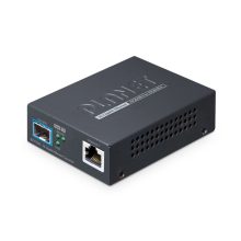 Vista del convertidor de medios PLANET XT-715A con puerto de cobre y SFP+ para conexiones 10GBASE-T a 10GBASE-X multimodo y monomodo en color negro