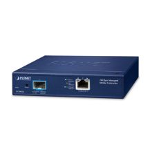 Imagen del convertidor de medio PLANET 1-Port en color azul, modelo XT-905A, ideal para conexiones de red de alta velocidad.