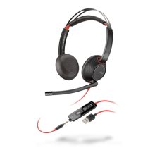 Auriculares alámbricos Poly Blackwire 5220 con conexión USB Tipo A, diadema ajustable, ideal para llamadas y música, en colores negro y rojo. SKU: 207576-03