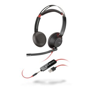 Auriculares alámbricos Poly Blackwire 5220 con conexión USB Tipo A, diadema ajustable, ideal para llamadas y música, en colores negro y rojo. SKU: 207576-03