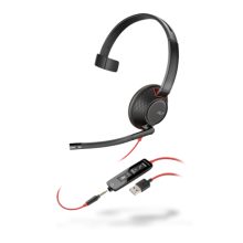 Auriculares Poly Blackwire 5210 alámbricos con diadema, USB tipo A, en color negro y rojo, SKU 207577-03
