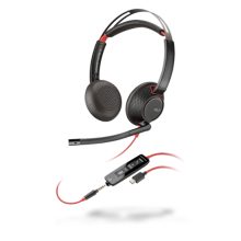 Auriculares alámbricos diadema Poly Blackwire 5220 USB Tipo C en negro y rojo, SKU 207586-03. Ideales para llamadas y música.