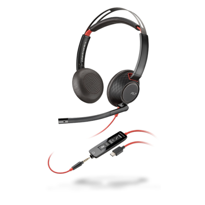 Poly 207586 03 Auriculares alámbricos diadema Poly Blackwire 5220 USB Tipo C en negro y rojo, SKU 207586-03. Ideales para llamadas y música.