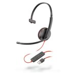 Auriculares Poly Blackwire C3210 alámbricos con diadema, diseñados para llamadas y música. Con conexión USB tipo A en color negro y rojo. SKU 209744-104