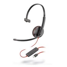 Auriculares Poly Blackwire 3210 con conexión USB Tipo C, diseño de diadema en color negro, ideal para llamadas y música. SKU 209748-101