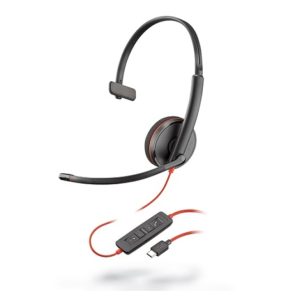Auriculares Poly Blackwire 3210 con conexión USB Tipo C, diseño de diadema en color negro, ideal para llamadas y música. SKU 209748-101