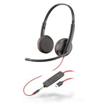 Auriculares alámbricos Poly Blackwire 3225 con diadema, ideales para llamadas y música, conexión USB Tipo C en color negro. SKU: 209751-101