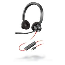 Auriculares alámbricos Poly Blackwire 3320 con diadema y conexión USB Tipo C en color negro, SKU 214013-01.