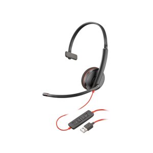 Auriculares monoaurales Poly Blackwire 3210 con conexión USB-A, ideales para llamadas y multimedia. SKU: 80S01AA