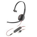 Auriculares monoaurales Poly Blackwire 3215 con conexión USB-A y SKU 80S06AA, ideales para llamadas de voz y videoconferencias.