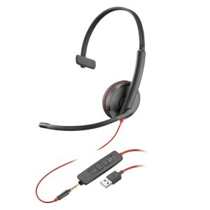 Auriculares monoaurales Poly Blackwire 3215 con conexión USB-A y SKU 80S06AA, ideales para llamadas de voz y videoconferencias.