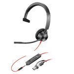 Auriculares monoaurales Poly Blackwire 3315 con conectividad USB-C, conector de 3,5 mm y adaptador USB-C/A. SKU: 8X217AA
