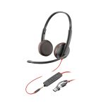 Auriculares estéreo Poly Blackwire 3225 con conexiones USB-C y 3.5 mm, incluye adaptador USB-C/A. SKU: 8X229AA