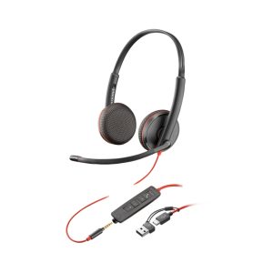Auriculares estéreo Poly Blackwire 3225 con conexiones USB-C y 3.5 mm, incluye adaptador USB-C/A. SKU: 8X229AA