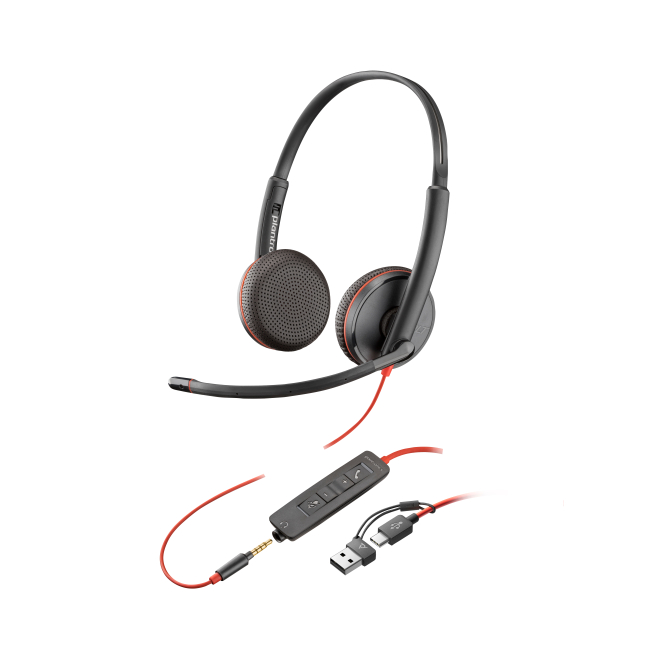 Poly 8x229aa Auriculares estéreo Poly Blackwire 3225 con conexiones USB-C y 3.5 mm, incluye adaptador USB-C/A. SKU: 8X229AA