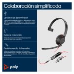 Auriculares Poly Blackwire 5210 mono con conexión USB-C y conector de 3,5 mm, incluyendo adaptador USB-C/A. SKU: 8X230AA