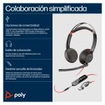 Imagen de los auriculares Poly Blackwire 5220 estéreo con USB-C y conector de 3.5 mm, incluyendo adaptador USB-C/A. SKU 8X231A6