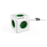 Base múltiple PowerCube Extended de Allocacoc, modelo 1300GN/DEEXPC, con características clave como cable de 1,5 metros, 5 salidas AC, y diseño en verde y blanco