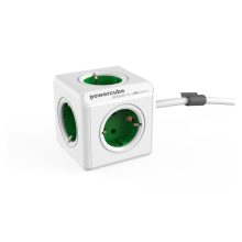 Base múltiple PowerCube Extended de Allocacoc, modelo 1300GN/DEEXPC, con características clave como cable de 1,5 metros, 5 salidas AC, y diseño en verde y blanco