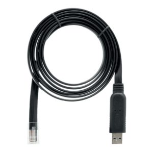 Cable USB de 1,8 metros de QNAP con conector RJ-45 y conector USB A en color negro. SKU: CAB-CONSOLE-URJ45-1M8