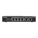 Imagen del QNAP QSW-2104-2T-R2 switch no administrado, con soporte para 10G Ethernet, ideal para escritorio, de color negro. SKU: QSW-2104-2T-R2.
