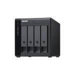 Caja para disco duro externo QNAP TL-D400S en color negro y gris; compatible con discos duros y SSD de 2.5 y 3.5 pulgadas. SKU: TL-D400S