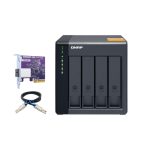Caja para disco duro externo QNAP TL-D400S en color negro y gris; compatible con discos duros y SSD de 2.5 y 3.5 pulgadas. SKU: TL-D400S