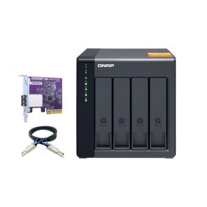 Caja para disco duro externo QNAP TL-D400S en color negro y gris; compatible con discos duros y SSD de 2.5 y 3.5 pulgadas. SKU: TL-D400S