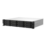 Imagen frontal del QNAP TS-1264U-RP NAS de bastidor 2U en aluminio negro, equipado con un procesador Intel Celeron y 8 GB de RAM DDR4, SKU TS-1264U-RP-8G, sin discos duros.