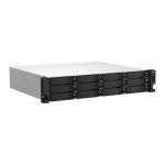 Imagen frontal del QNAP TS-1264U-RP NAS de bastidor 2U en aluminio negro, equipado con un procesador Intel Celeron y 8 GB de RAM DDR4, SKU TS-1264U-RP-8G, sin discos duros.