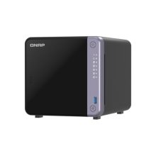 Vista frontal del QNAP TS-432X-4G NAS Torre en color negro, equipado con procesador Alpine AL-524 y 4 GB de memoria DDR4. SKU: TS-432X-4G-PE