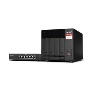 QNAP TS-473A + QSW-1105-5T Bundle Pack NAS Torre con procesador Ryzen Embedded V1500B, 8 GB DDR4 y 0 TB de almacenamiento, SKU TS-473A-SW5T