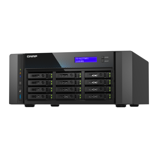 QNAP TS-H1277AFX-R7-32G NAS Torre con Ryzen 7 y 32 GB DDR5 Imagen del servidor de almacenamiento NAS QNAP modelo TS-H1277AFX-R7-32G con procesador AMD Ryzen 7, 32 GB DDR5 y torre negra, SKU TS-H1277AFX-R7-32G